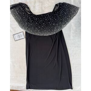 Black Cocktail Party Dress, Pearly & Silver Rhinestone Drape, Size Large - NWT
